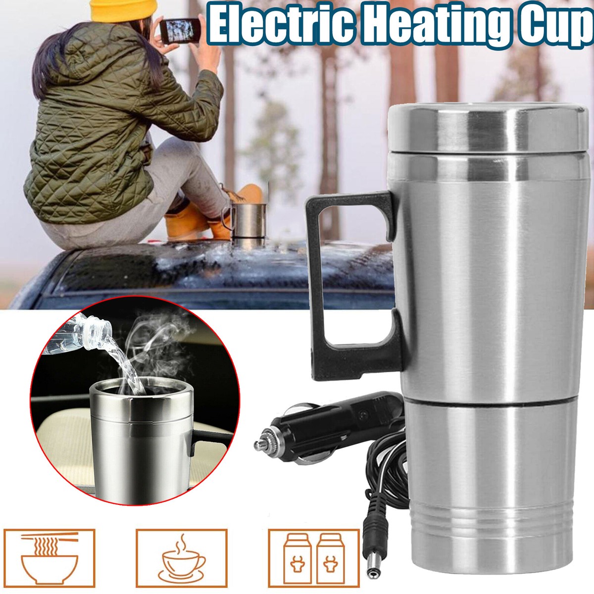 12V Car Heating Cup Electric Car Kettle Stainless Steel Travel