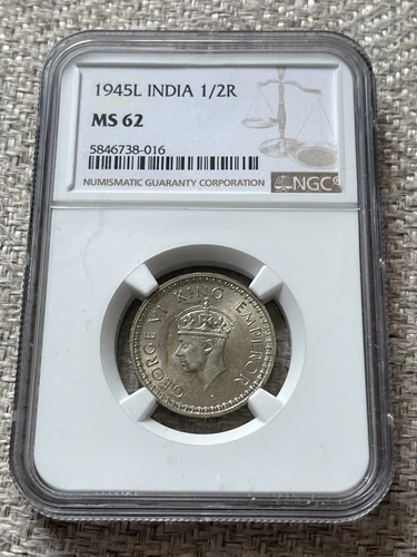 INDIA 1/2 Rupee 1945 (1945L) Lahore, Silver, NGC 62 Uncirculated UNC, KGVI
