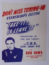 CBS SUNDAY NITE POSTER BOB HAWK "TAKE-IT-OR LEAVE IT" EVERSHARP ADVERTISEMENT