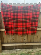 Vtg Wool Throw Blanket Red Buffalo plaid Faribo Faribault Stadium Fringe 50 X 40