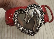 JUSTIN Kids Leather Belt Western Horse Girls Size 20 Red Silver Heart 4088