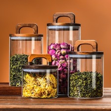 Glass Storage Containers Airtight Jars with Wooden Lid Kitchen Sugar Biscuit Jar