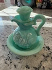 Vintage Avon Blue Swirl Rose Milk Glass Bubble Bath Pitcher and Bowl Set
