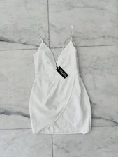 Boohoo Mini Wrap Dress Plunge Neck White Spaghetti Strap Women 6 NWT