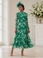 Hobbs Rosabelle Silk Dress Green With White Flower Print Midi Length Size UK 12