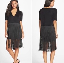 French Connection Spotlight Fringe Tasseled Black Dress