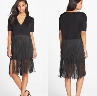 French Connection Spotlight Fringe Tasseled Black Dress