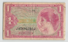 USA MPC 1 Dollar, Series 641, 1965-68, 2nd Print, J07694592J, Block 52. B3