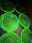 Georgian Love Birds Vintage Federal Green Uranium Glass Berry Bowls 4.5" Total 6