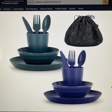 Camping Mess Kit 3 Piece Plastic Set Plus Cutlery With Drawstring Carry Bag