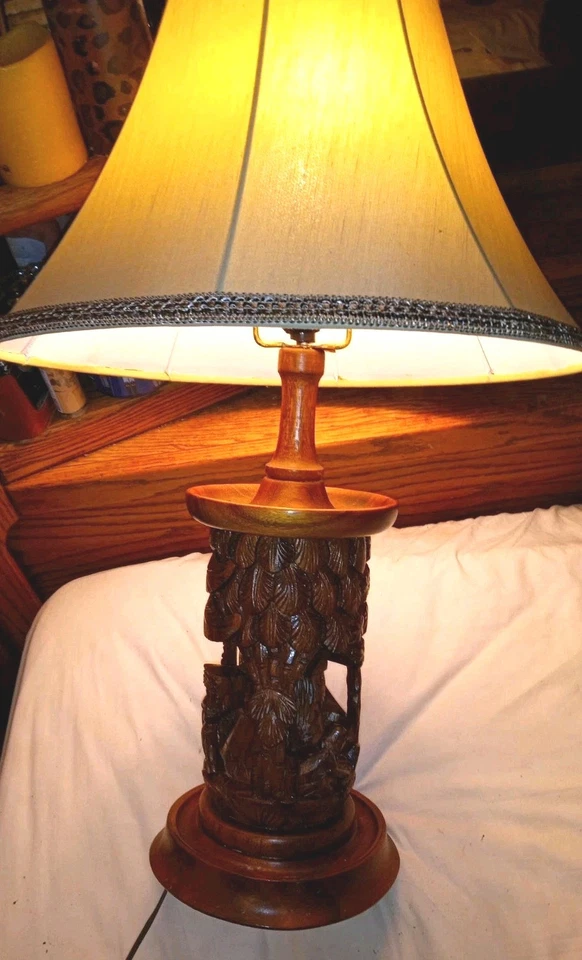 Vintage Hand Carved 3D Wood Lamp Mahagony/Teak Carved From One Piece Of Wood 25" - Image 4 of 4