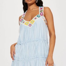 Fashion Nova - Light Blue Crochet Trim Mini Dress