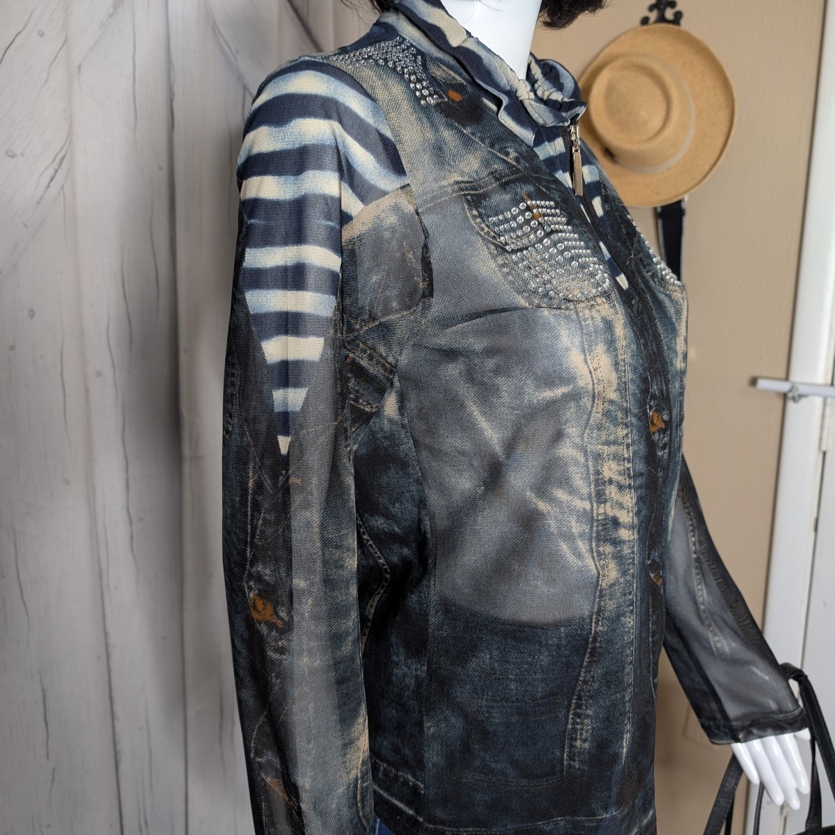 Damee, Inc. Mesh Denim-look Zip Shirt w/Diamante Accents SMALL P/O View 5
