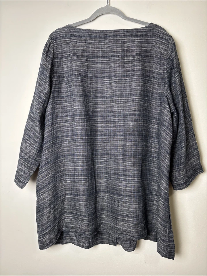 Eileen Fisher 女式有机亚麻纽扣束腰上衣 1X Lagenlook 3/4 袖 — 第 2/4 张图片