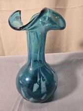 Vintage Teal Blue Glass Vase Hand Blown Art Glass White Splatter 7" Wave Edge