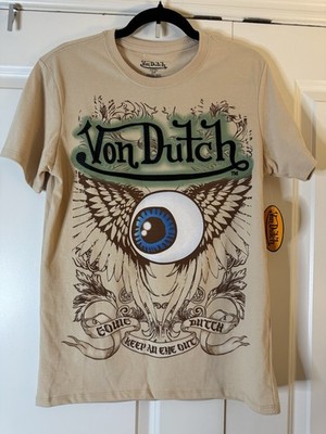 Von Dutch Embroidered Flying Angel Eye Y2K Design Tan T- Shirt S NEW SHIPS FAST