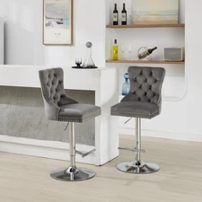 Set of 2 Swivel Bar Stools Velvet Bar Chairs Adjustable Height Dining Chairs