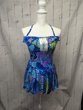 Catalina New Vtg 80s Tropical Psychedelic Halter Skirted Swimwear USA Made Sz 14