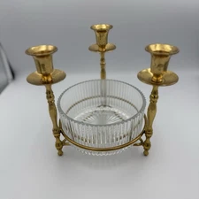 Vintage Teleflora Triple 3 Brass Candle Holder Candleabra With Glass Bowl NEW