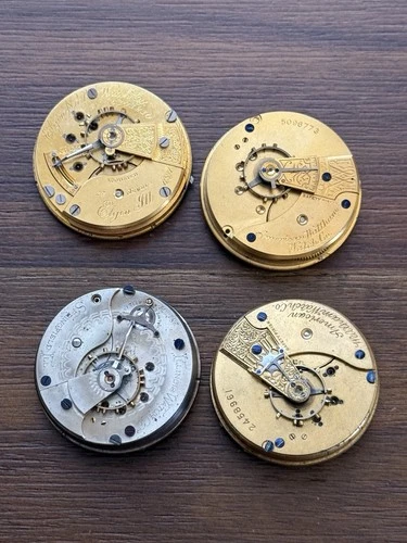 4 Antique Pocket Watch Movements Waltham Illinois Elgin - 18s - Parts/Repair Lot