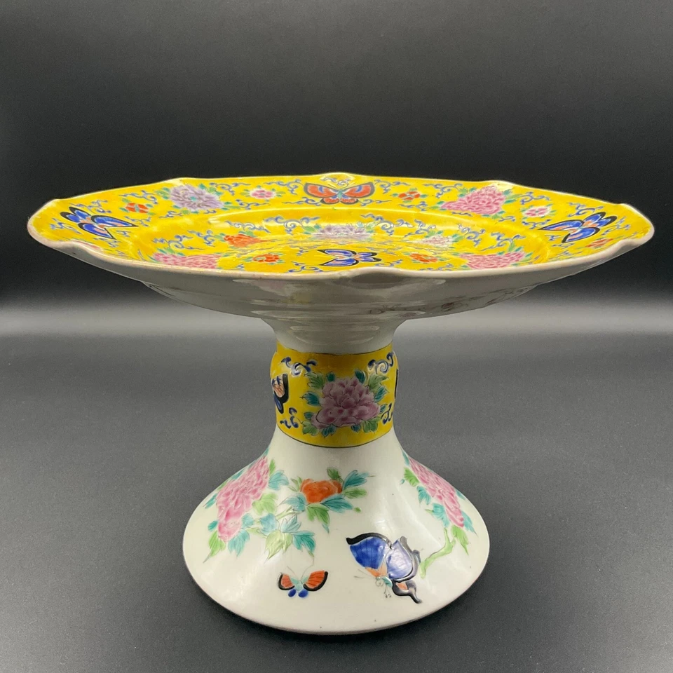 Plato de pie alto antiguo japonés Fukagawa Arita esmaltado amarillo molido porcelana Foto 2 de 4