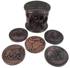 African Wood Carved Animal  Africa Continent Coasters, Lid  Holder-7 Piece Set