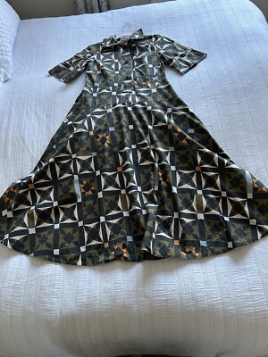 Toast khaki grün schwarz geometrisch gemustert Midi Shirt Kleid Gr 6 8 Taschen