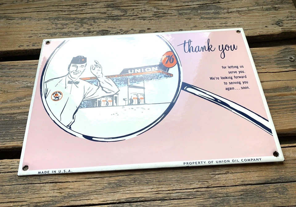 DE COLECCIÓN UNION OIL CO. LETRERO DE ESTACIÓN DE BOMBA DE GAS DE SERVICIO DE GAS DE PORCELANA DE AGRADECIMIENTO Foto 2 de 4