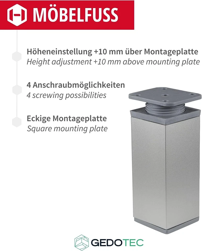 4x Möbelfuß Möbelfüße 60-150 mm silber matt Tischbeine Sockel Füße Schrank eckig - Bild 3 von 4
