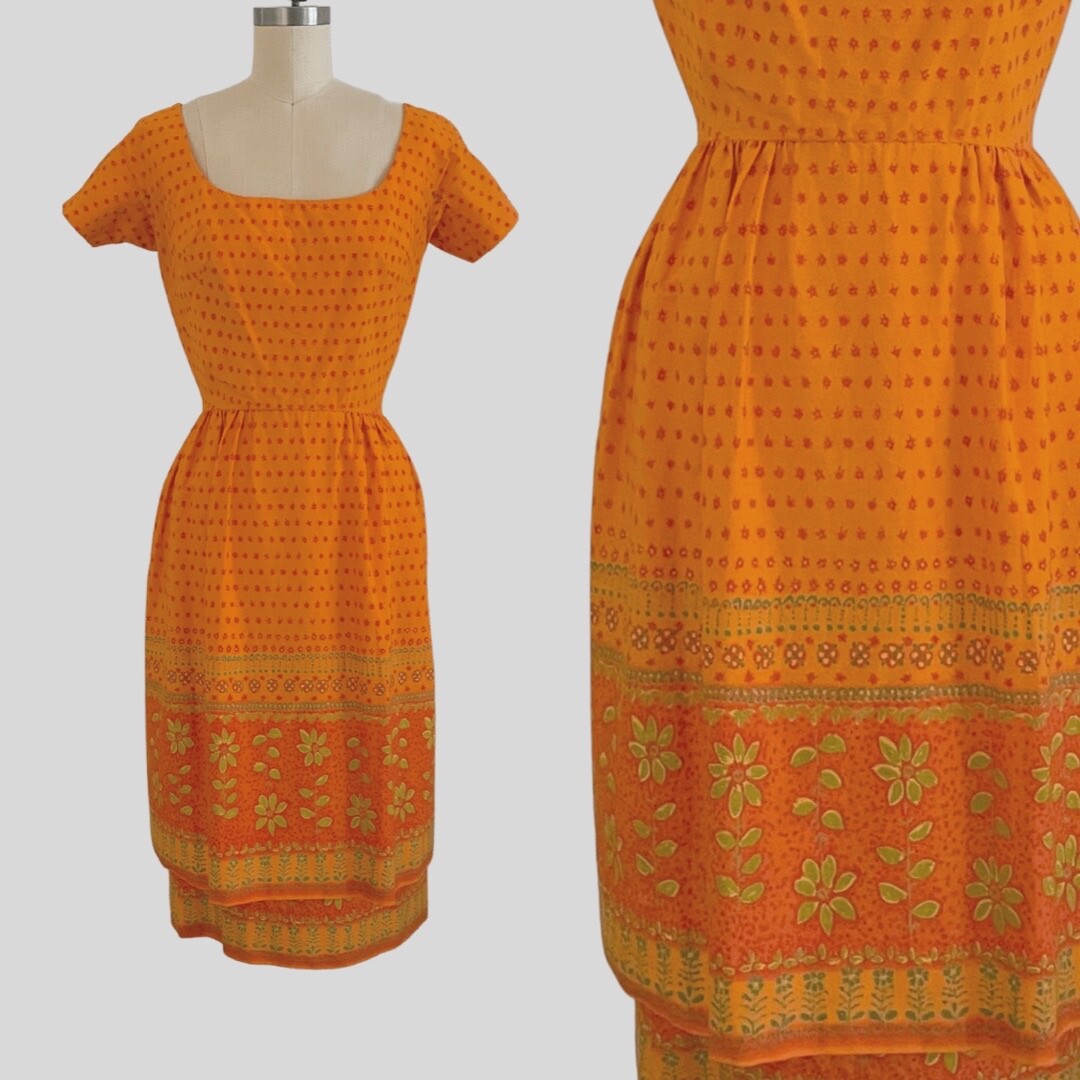 Vintage 50s 60s Orange Dress Mr. Mort Shift Wiggle Bombshell