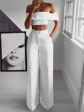Women Elegant Two Piece Suit Boat Neck Crop Top Wide Leg Pants Casual Party