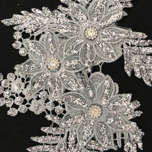 1X Parche de encaje con cuentas de brillo y aplique floral hágalo usted mismo para decoración de vestido de boda - Imagen 5 de 6