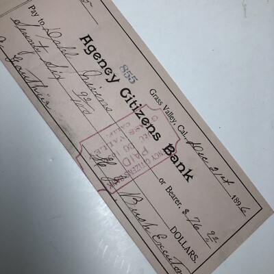 1896 Agency Citizens Bank old check Grass Valley Cal.  H. J.  Bush - Gauthier