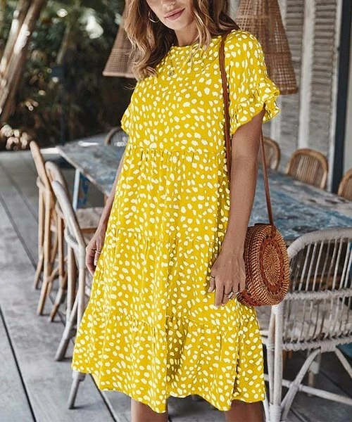 Robe à volants col rond jaune moucheté Supreme Fashion taille M