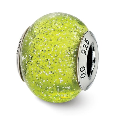 Green & Silver Glitter Murano Glass Bead .925 Sterling Silver Reflection Beads