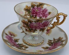 Vintage November Chrysanthemum Footed Cup and Saucer Iridescent Floral Gold Trim