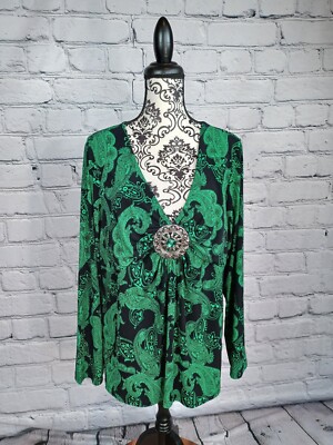 Venezia women's long sleeve medallion front stretch knit paisley print sz 20 b8