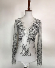 White Long Sleeve V-neck Body Suit with Black Lace Trim Size Small