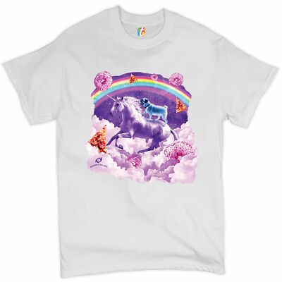 Pug Riding a Unicorn in Clouds T-shirt Space Rainbow Trippy Donuts Men's Tee