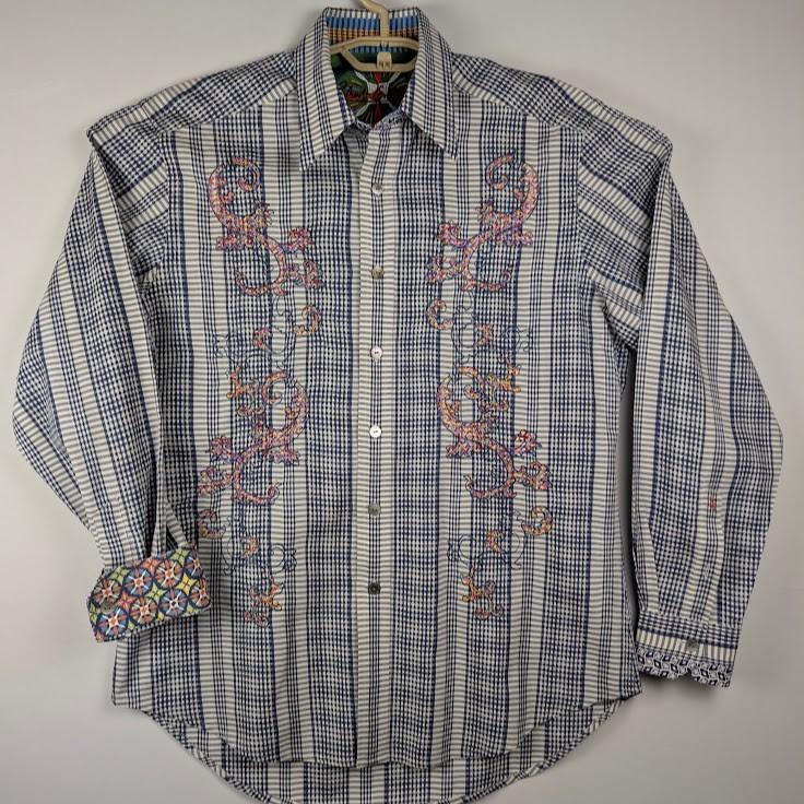 Robert Graham Print Shirt Flip Cuff Men MED Embroidered Cotton Blue ...