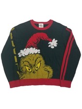 Womens Red  Green Naughty Grinch Santa Hat Long Striped Sleeve Knit Sweater XL
