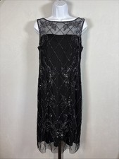 VTG Papell Studio Midi Dress Womens 8 Black Mesh Beaded Fairy Y2K Whimsigoth 90s