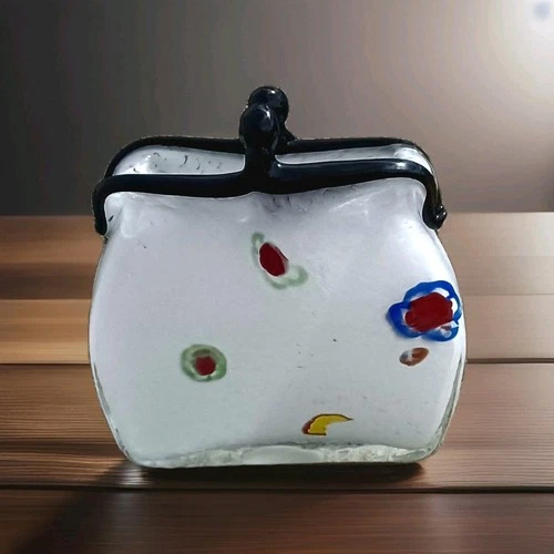 Vintage Art Hand Blown Glass Murano Millefiori  Style Purse Handbag Vase