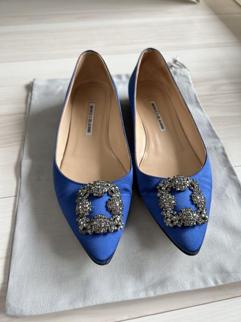 Manolo Blahnik Hangisi Blue Satin Flats US Used
