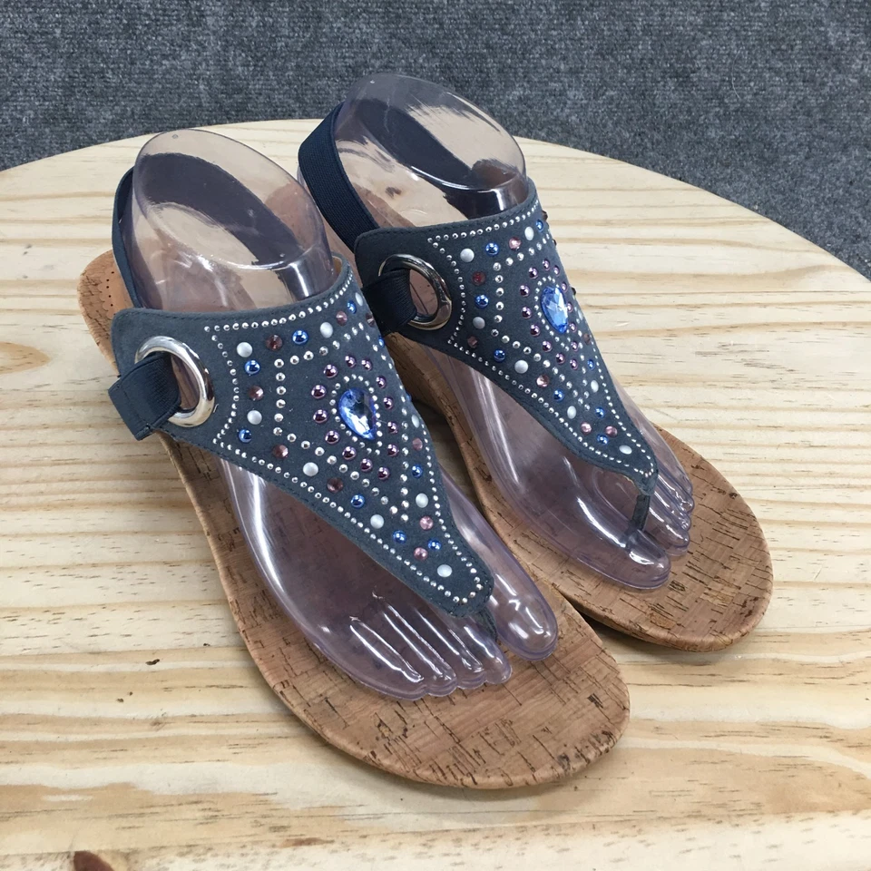 Sandálias tanga White Mountain Adeline feminina 10M tecido azul cravejado anabela W24611 - Imagem 3 de 4