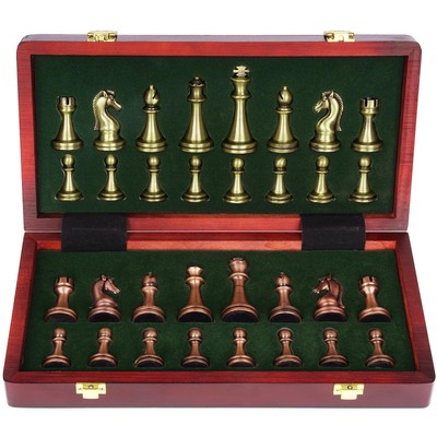 Agirlgle Retro Metal Chess Set with Folding Wooden Chess Board and Handmade Stan