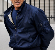 1980s Belmondo Style Bomber Jacket Dark Navy Lightweight Nylon Zip Coat