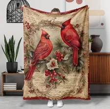 Glam Style Cardinal Birds & Holly Berries Print Flannel Throw Blanket 60*80''