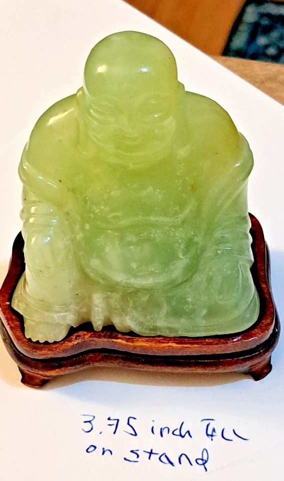 VintageChinese Jadeite Jade Carved Seated Buddha 3.75” x about 3"   Wooden Base. - Image 2 of 4