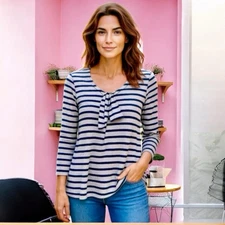 Ella Moss Tunic Top Long Sleeve Striped Linen Blend Womens Large 